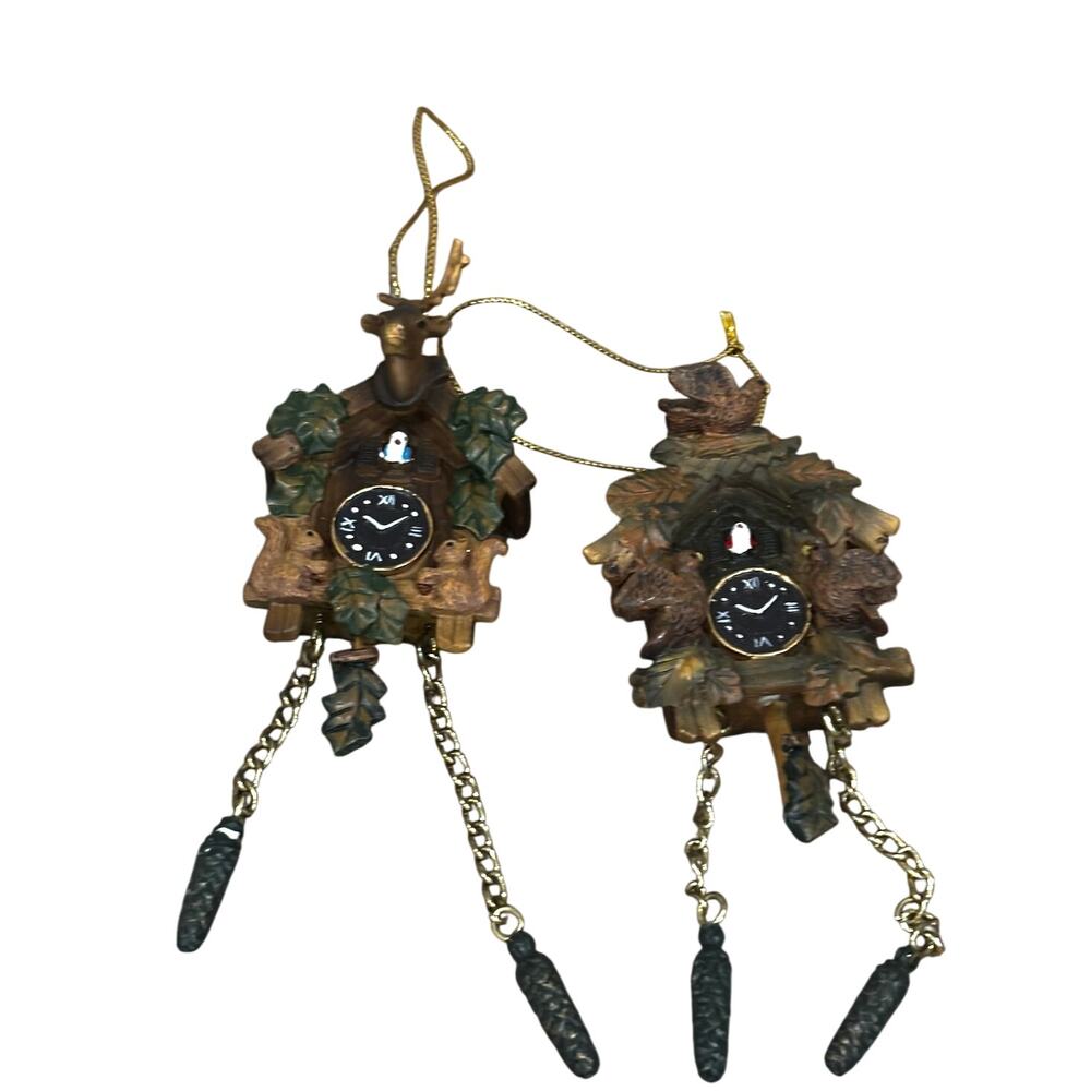 Set of 2 Miniature Cuckoo Clock Christmas Ornaments Bird Deer Woodland Resin